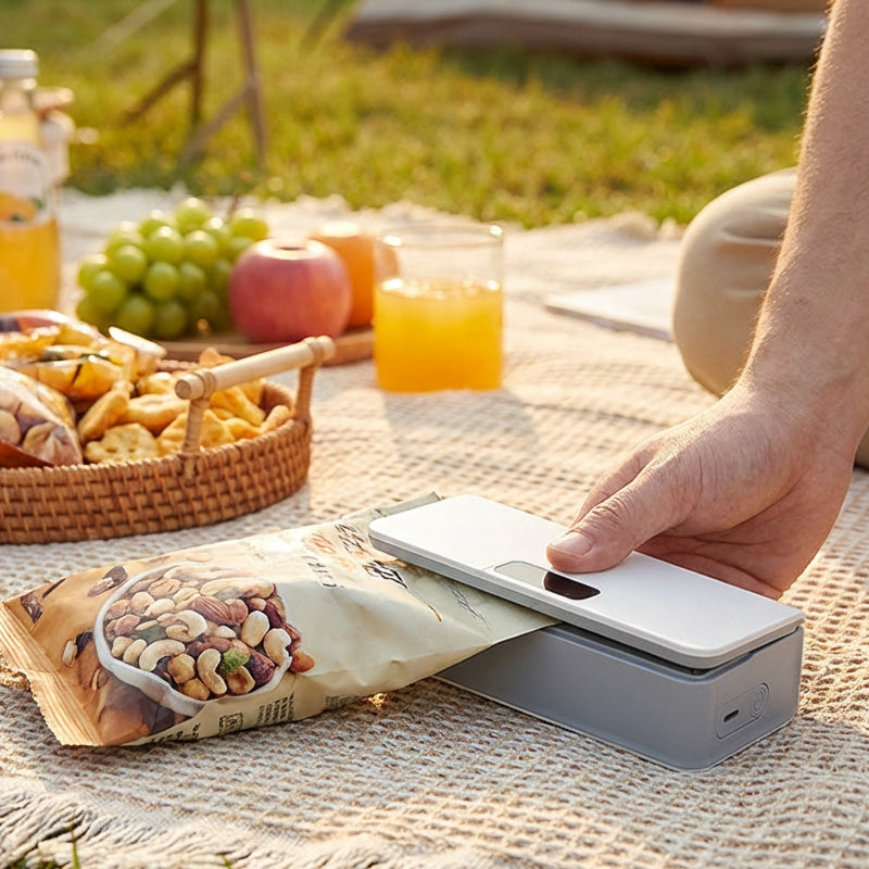ON THE 2-IN-1 Mini Bag Sealer: USB-C Rechargeable, 6 Heat Settings & Built-in Cutter Blade