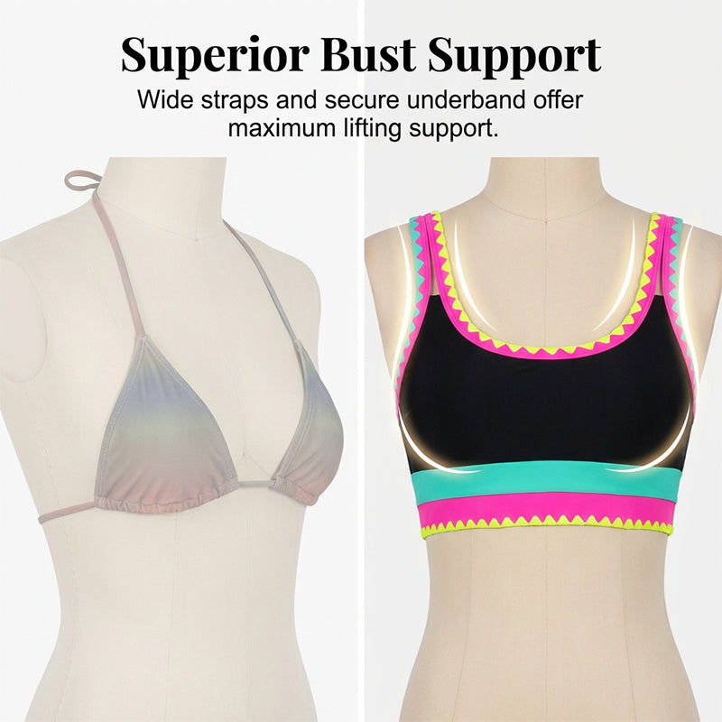 Ensemble bikini 3 pièces pour femme, taille haute, motif color-block et zigzag, idéal pour la plage et les vacances