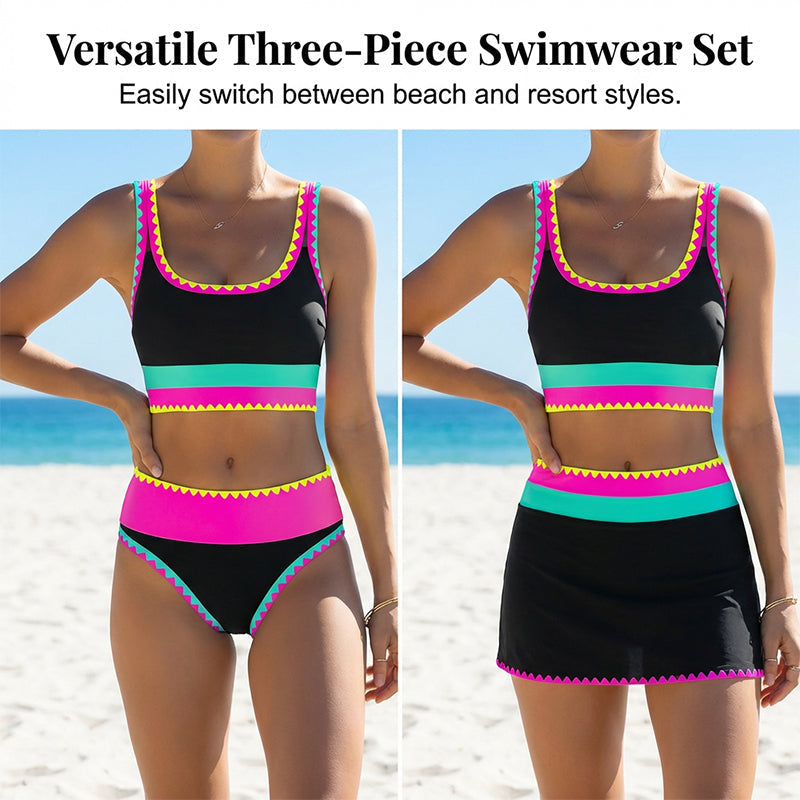 Ensemble bikini 3 pièces pour femme, taille haute, motif color-block et zigzag, idéal pour la plage et les vacances