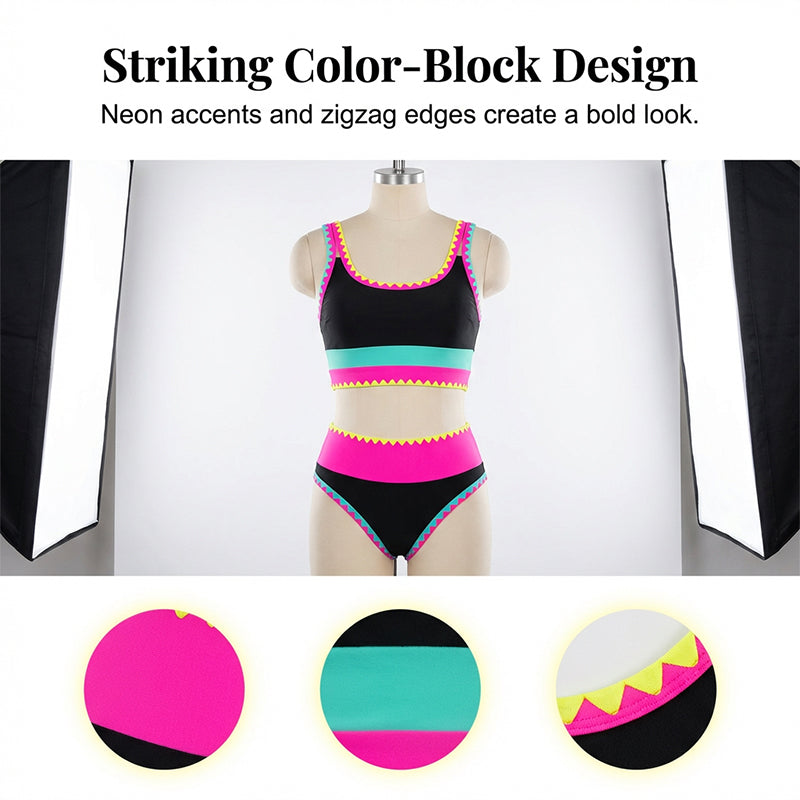Ensemble bikini 3 pièces pour femme, taille haute, motif color-block et zigzag, idéal pour la plage et les vacances