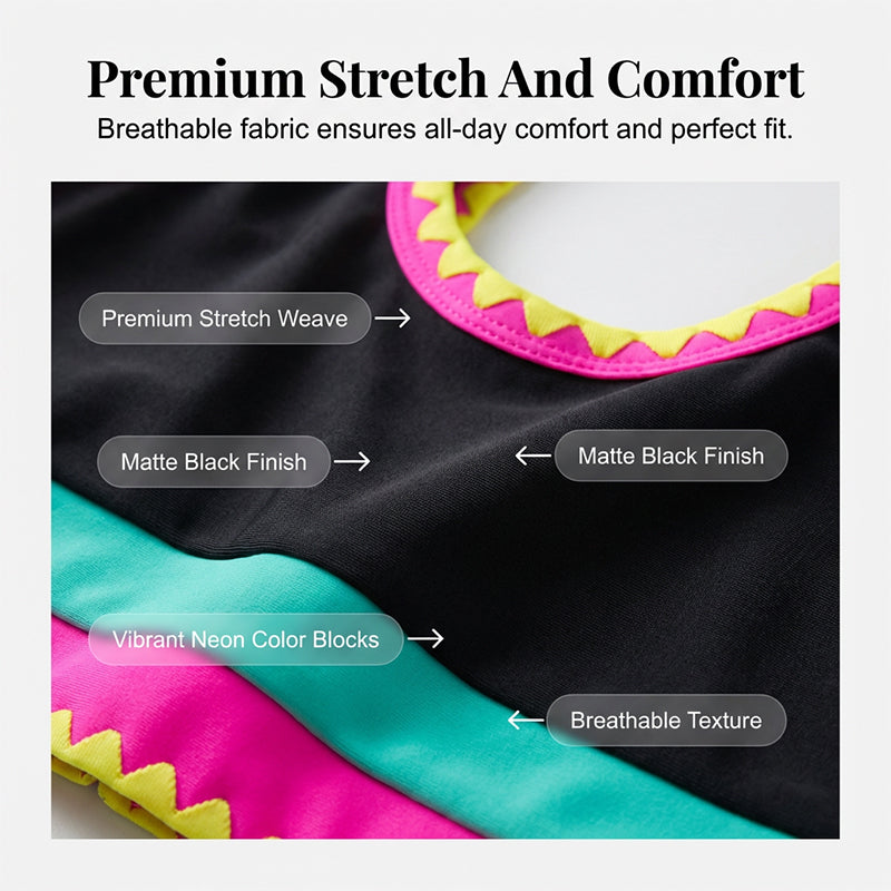 Ensemble bikini 3 pièces pour femme, taille haute, motif color-block et zigzag, idéal pour la plage et les vacances