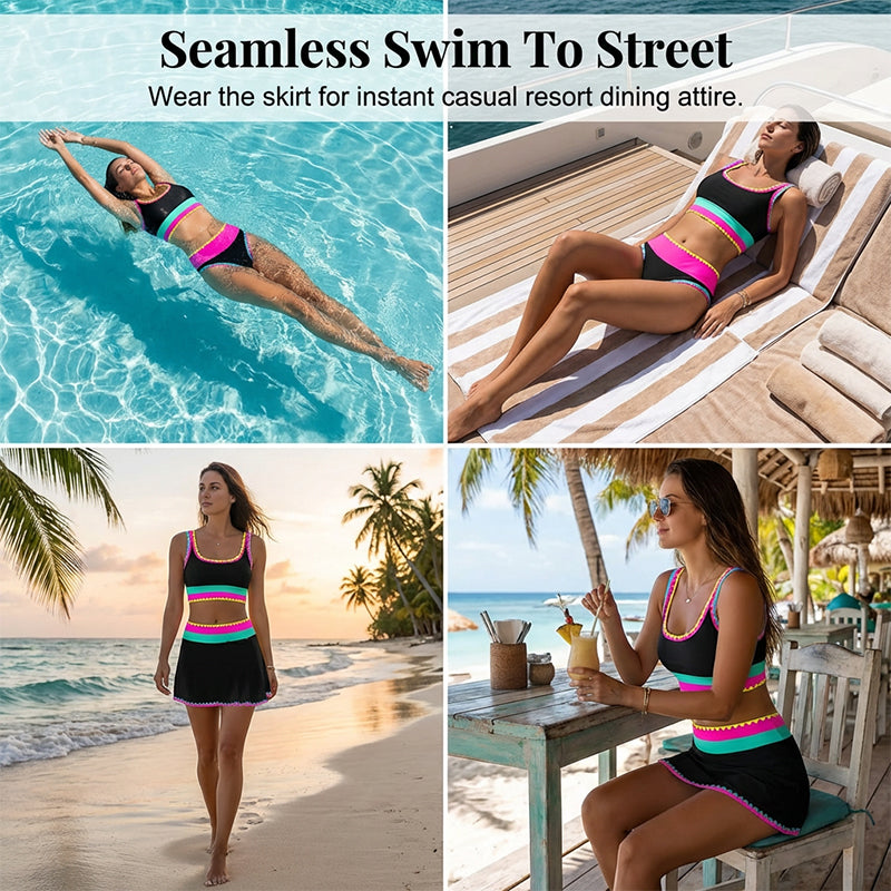 Ensemble bikini 3 pièces pour femme, taille haute, motif color-block et zigzag, idéal pour la plage et les vacances