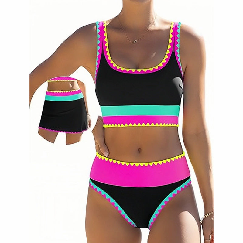 Ensemble bikini 3 pièces pour femme, taille haute, motif color-block et zigzag, idéal pour la plage et les vacances