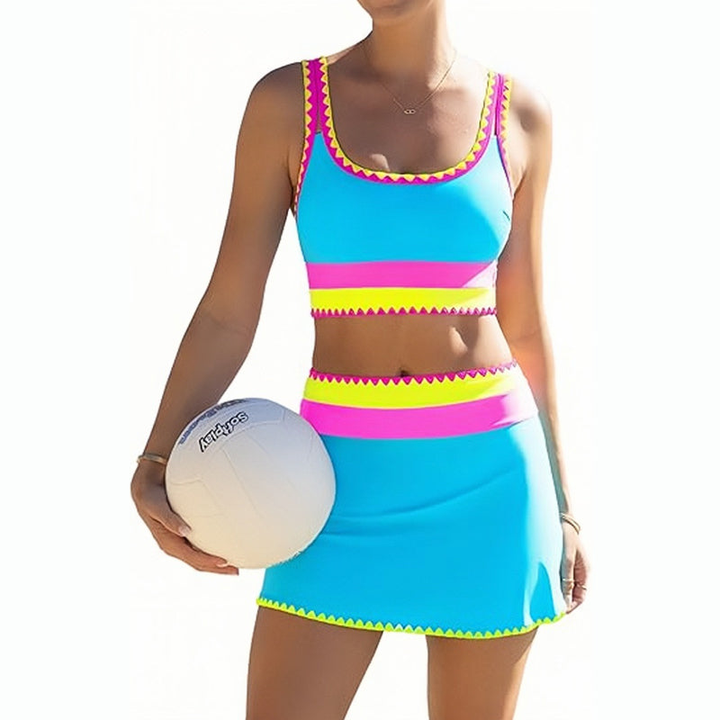 Ensemble bikini 3 pièces pour femme, taille haute, motif color-block et zigzag, idéal pour la plage et les vacances