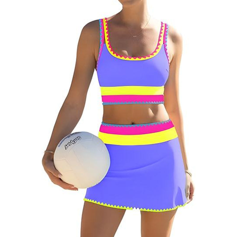 Ensemble bikini 3 pièces pour femme, taille haute, motif color-block et zigzag, idéal pour la plage et les vacances