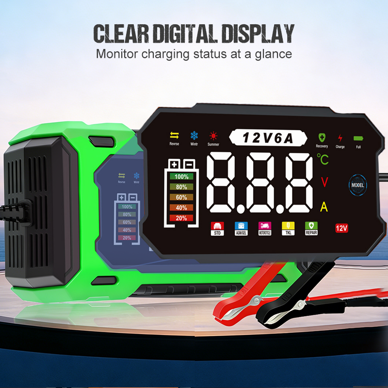 Chargeur de batterie de voiture intelligent 12V 6A avec réparation d'impulsions, écran LCD, sécurité maximale