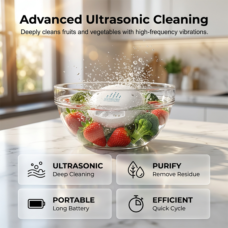 Portable USB rechargeable ultrasonic fruit and vegetable washer, ideal for cleaning fruits and vegetables, at home or when traveling