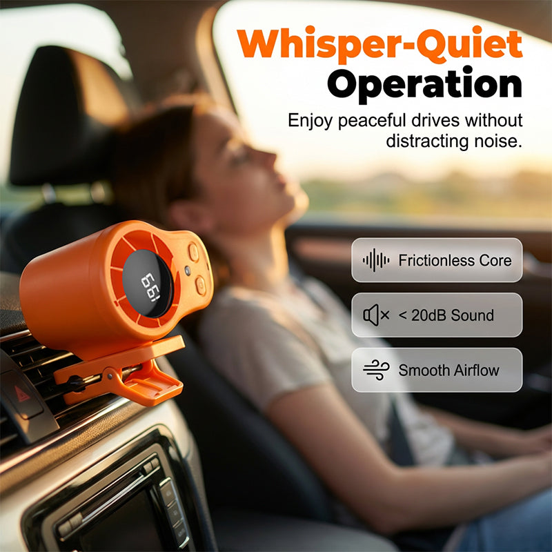 USB Hands-Free Personal Fan for Car Vent or Desk, LED Display, Silent (<36dB), 2000/4000mAh Battery, 3 Colors