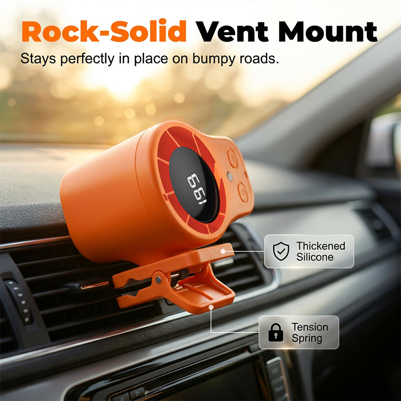 USB Hands-Free Personal Fan for Car Vent or Desk, LED Display, Silent (<36dB), 2000/4000mAh Battery, 3 Colors
