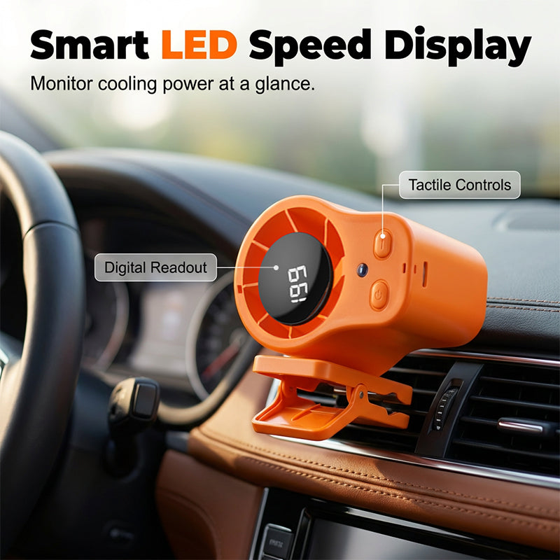 USB Hands-Free Personal Fan for Car Vent or Desk, LED Display, Silent (<36dB), 2000/4000mAh Battery, 3 Colors