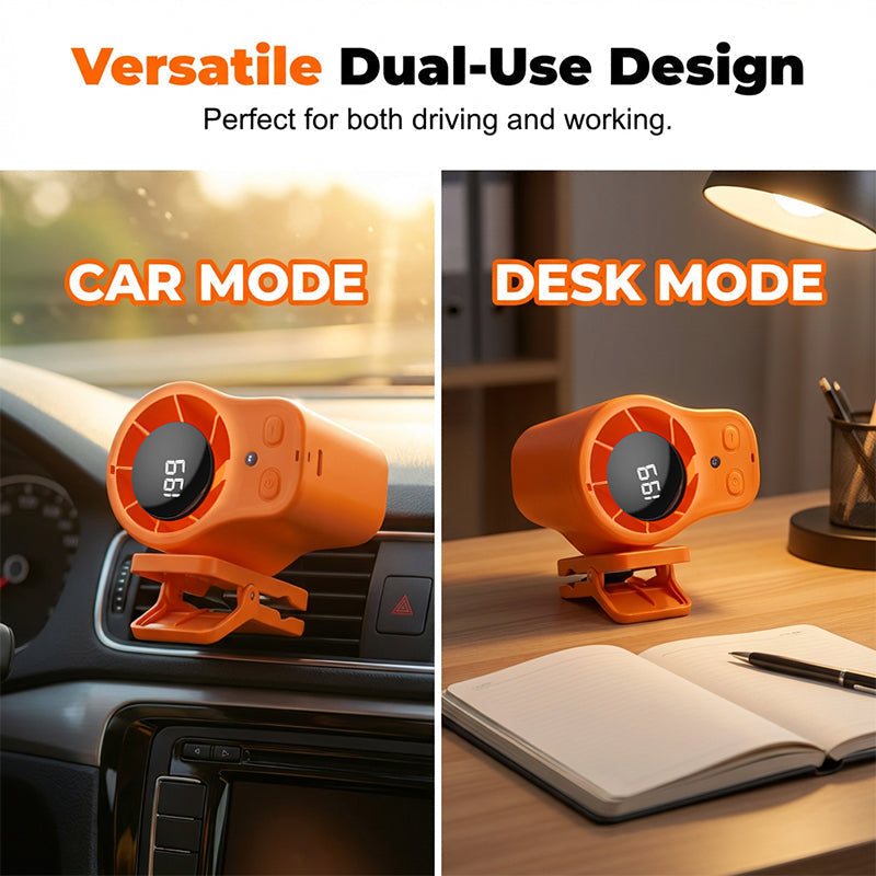 USB Hands-Free Personal Fan for Car Vent or Desk, LED Display, Silent (<36dB), 2000/4000mAh Battery, 3 Colors
