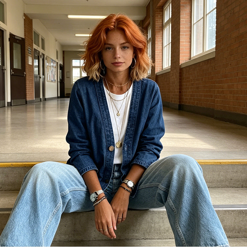 VESTE EN JEAN CLASSIQUE À BOUTONS POUR FEMME EN RÉDUCTION