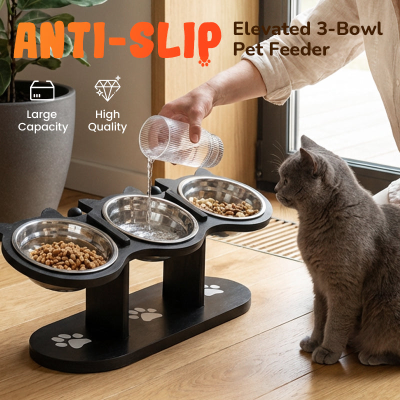 Elevated Non-Slip Pet Feeder with 3 Bowls | Spinal Protection with Non-Slip Base