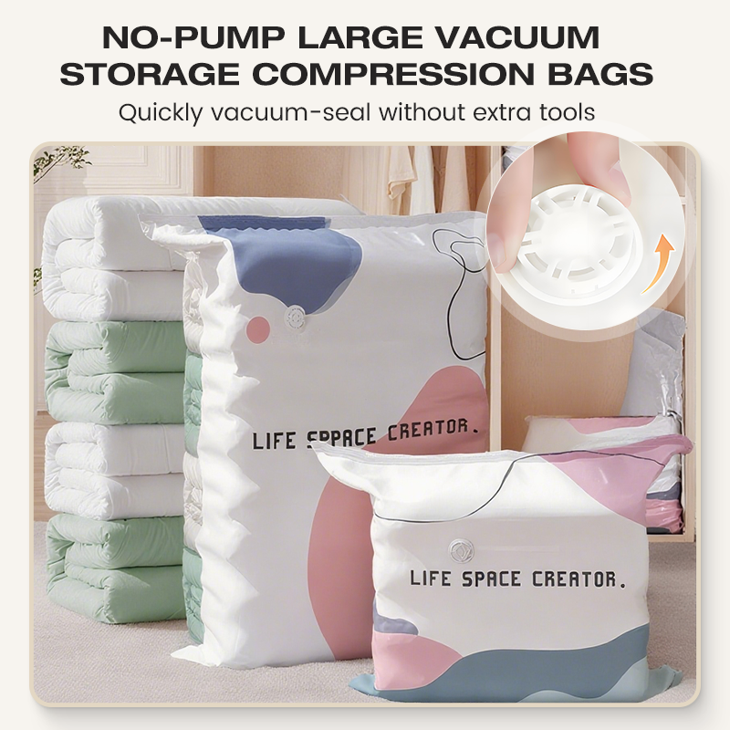 Vacuum Storage Bags (Pump-Free) — Just press and seal, no pump needed. Saves 80% space, keeps clothes dry and dust-free. Perfect for bulky bedding and off-season gear.