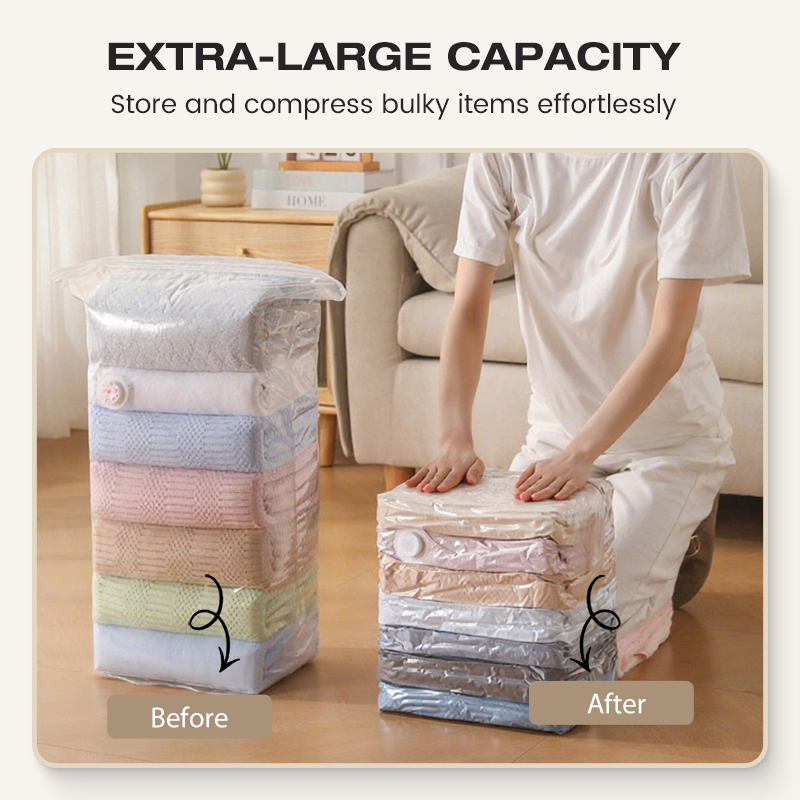 Vacuum Storage Bags (Pump-Free) — Just press and seal, no pump needed. Saves 80% space, keeps clothes dry and dust-free. Perfect for bulky bedding and off-season gear.