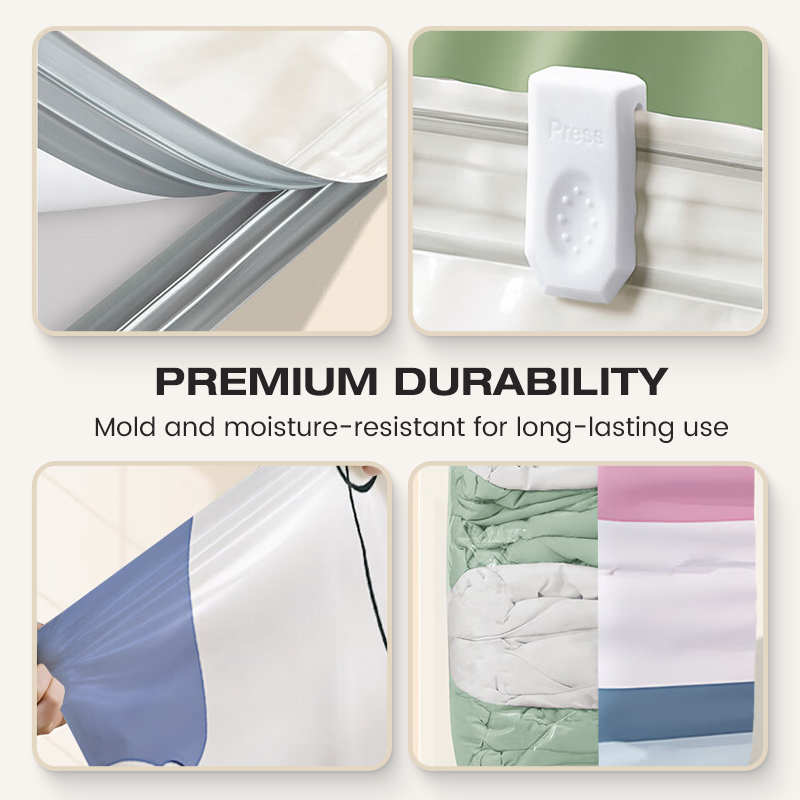 Vacuum Storage Bags (Pump-Free) — Just press and seal, no pump needed. Saves 80% space, keeps clothes dry and dust-free. Perfect for bulky bedding and off-season gear.