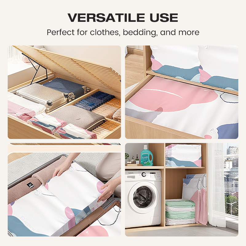 Vacuum Storage Bags (Pump-Free) — Just press and seal, no pump needed. Saves 80% space, keeps clothes dry and dust-free. Perfect for bulky bedding and off-season gear.