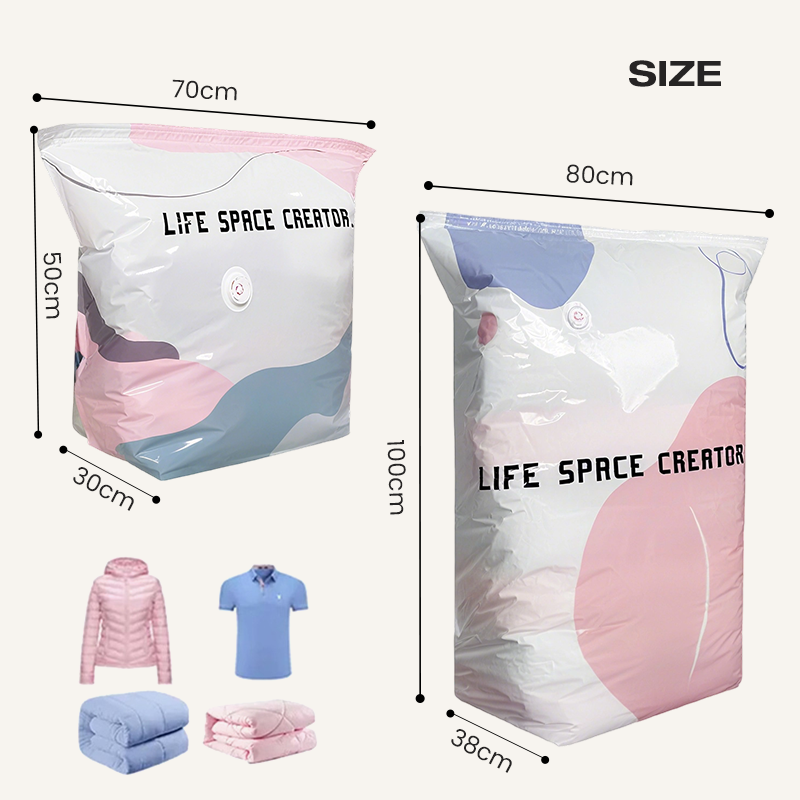 Vacuum Storage Bags (Pump-Free) — Just press and seal, no pump needed. Saves 80% space, keeps clothes dry and dust-free. Perfect for bulky bedding and off-season gear.