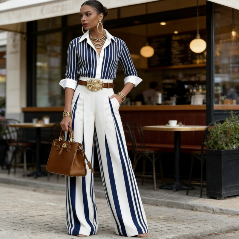 ENSEMBLE 2 PIÈCES POUR FEMME : Chemise rayée et pantalon large, look décontracté, tissu léger et parfait pour l'été.