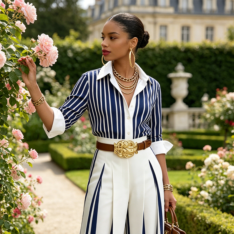 ENSEMBLE 2 PIÈCES POUR FEMME : Chemise rayée et pantalon large, look décontracté, tissu léger et parfait pour l'été.