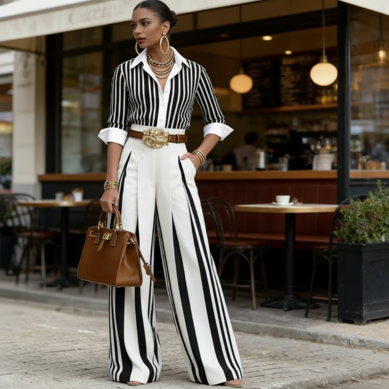 ENSEMBLE 2 PIÈCES POUR FEMME : Chemise rayée et pantalon large, look décontracté, tissu léger et parfait pour l'été.