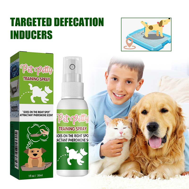 A spray that promotes defecation in pets