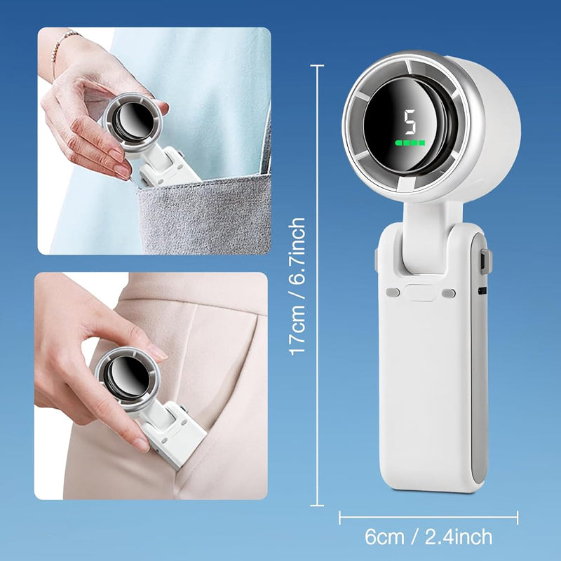 Ventilateur portable rechargeable, 5 vitesses, 3600 mAh, moteur sans balais, écran LED, angle réglable à 180°, 3 couleurs, parfait pour le bureau et les voyages