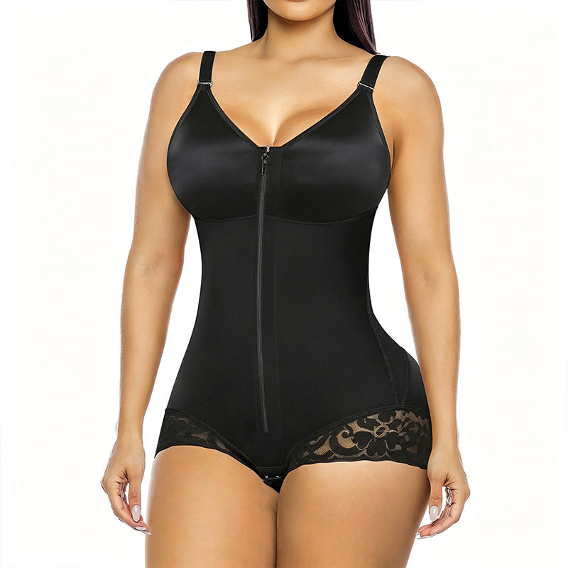 PROMO -50% Body gainant zippé femme, compression 360°, ventre plat, fermeture éclair + crochets, bretelles amovibles, noir et beige, XS-XL