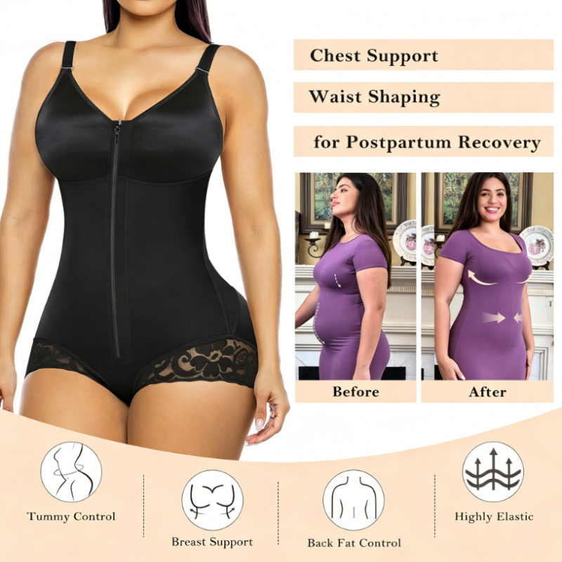 PROMO -50% Body gainant zippé femme, compression 360°, ventre plat, fermeture éclair + crochets, bretelles amovibles, noir et beige, XS-XL