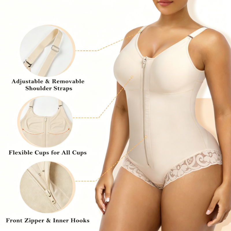 PROMO -50% Body gainant zippé femme, compression 360°, ventre plat, fermeture éclair + crochets, bretelles amovibles, noir et beige, XS-XL
