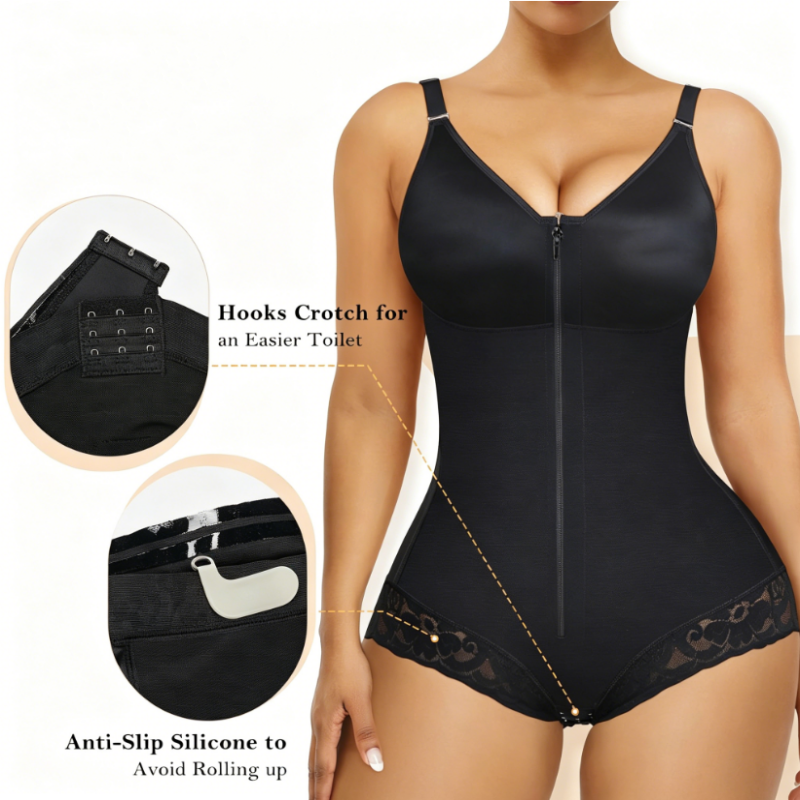 PROMO -50% Body gainant zippé femme, compression 360°, ventre plat, fermeture éclair + crochets, bretelles amovibles, noir et beige, XS-XL