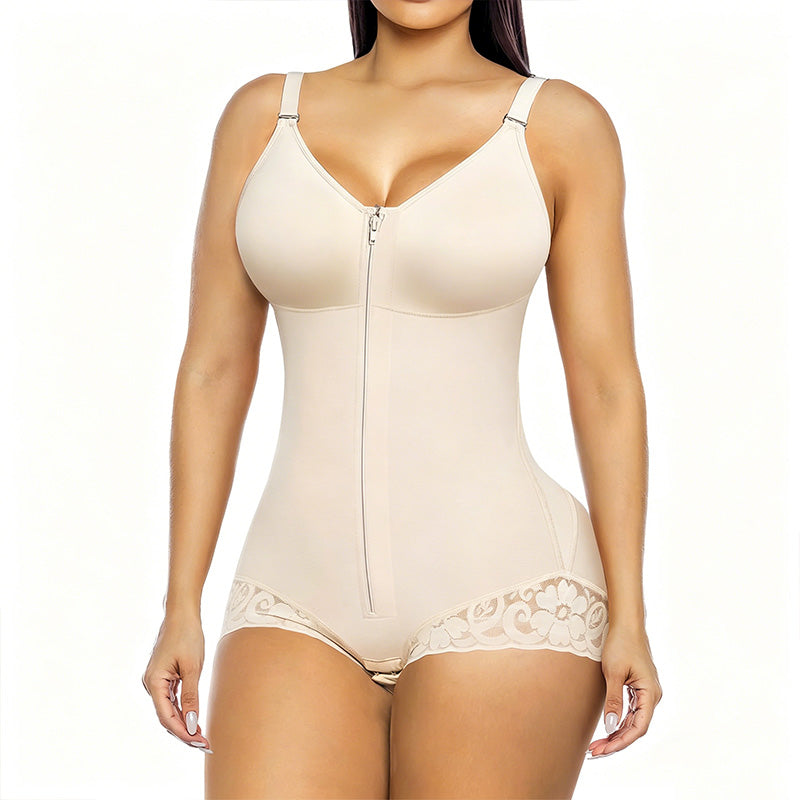 PROMO -50% Body gainant zippé femme, compression 360°, ventre plat, fermeture éclair + crochets, bretelles amovibles, noir et beige, XS-XL