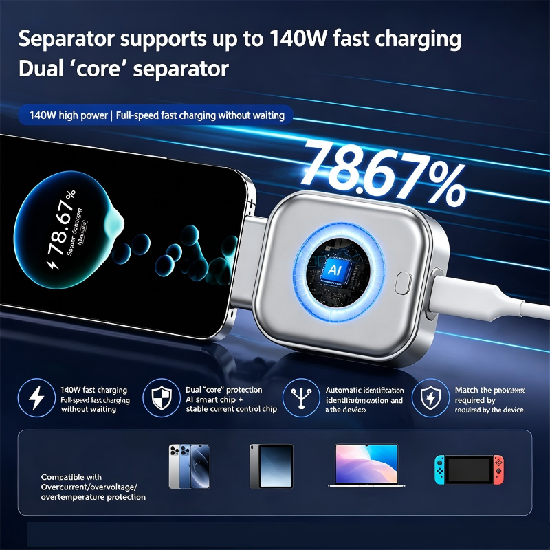 140W Fast Charger with Automatic AI Shutdown USB-C PD 3.1, Smart Protection, Indicator Light, Compatible with iPhone, MacBook, Tablets