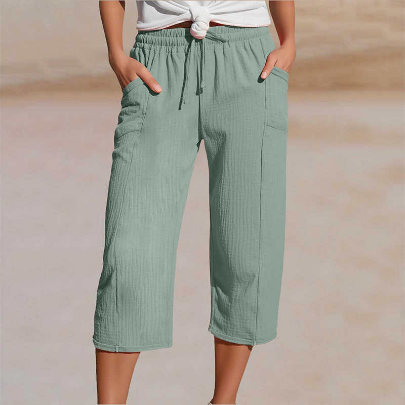 Short plissé uni en coton et lin pour femme