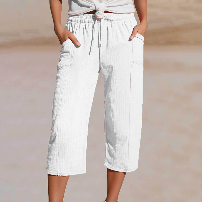 Short plissé uni en coton et lin pour femme