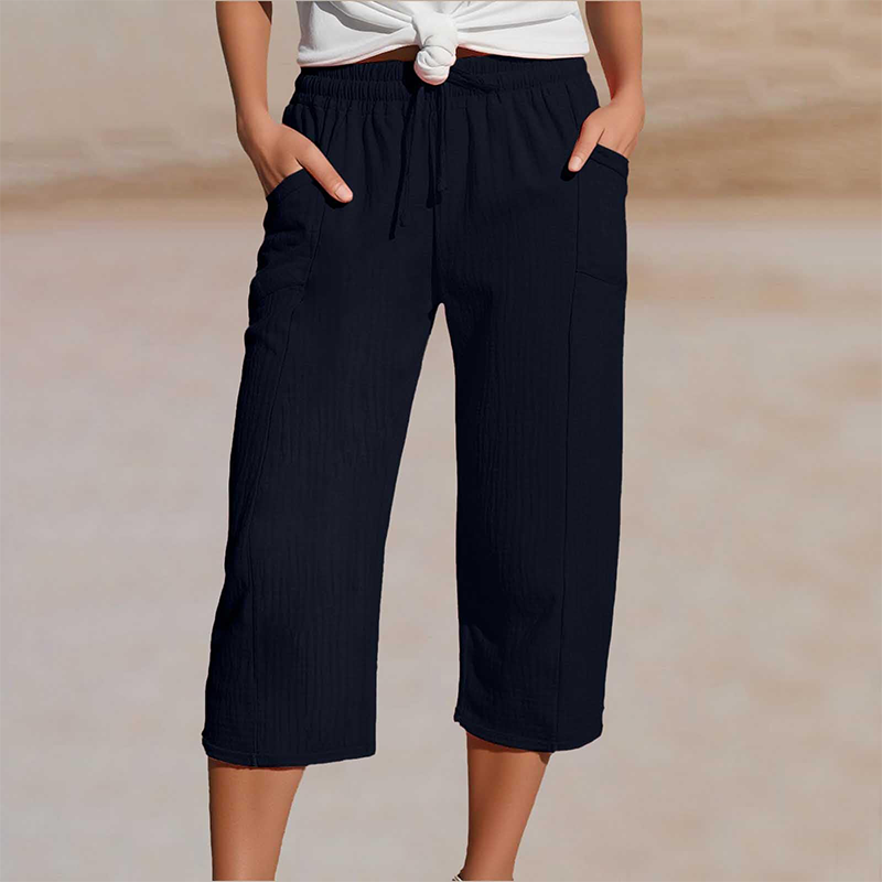 Short plissé uni en coton et lin pour femme