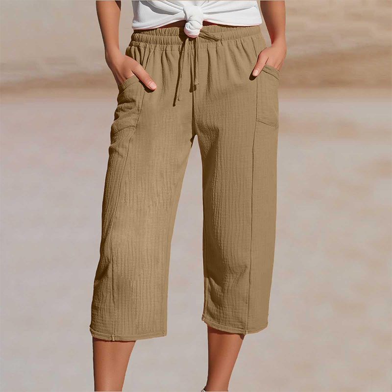 Short plissé uni en coton et lin pour femme