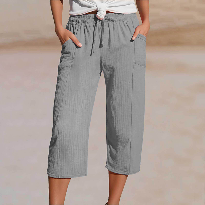 Short plissé uni en coton et lin pour femme
