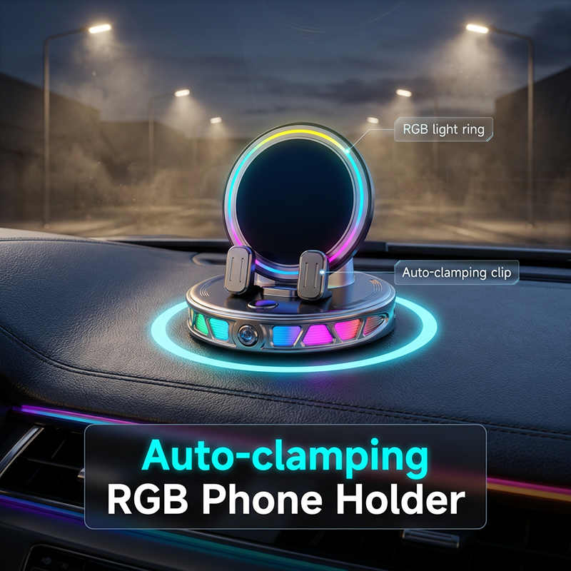 RGB Car Phone Holder with 15W Wireless Charging Automatic Clamping, Free Rotation, 3 Colors, Secure & Convenient