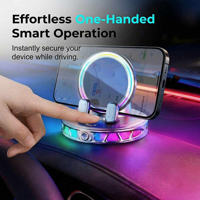 RGB Car Phone Holder with 15W Wireless Charging Automatic Clamping, Free Rotation, 3 Colors, Secure & Convenient