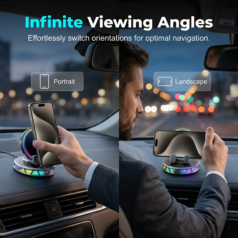 RGB Car Phone Holder with 15W Wireless Charging Automatic Clamping, Free Rotation, 3 Colors, Secure & Convenient