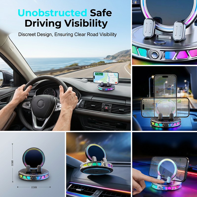 RGB Car Phone Holder with 15W Wireless Charging Automatic Clamping, Free Rotation, 3 Colors, Secure & Convenient