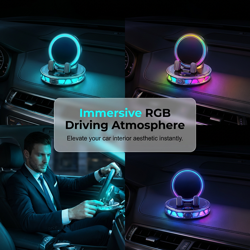 RGB Car Phone Holder with 15W Wireless Charging Automatic Clamping, Free Rotation, 3 Colors, Secure & Convenient