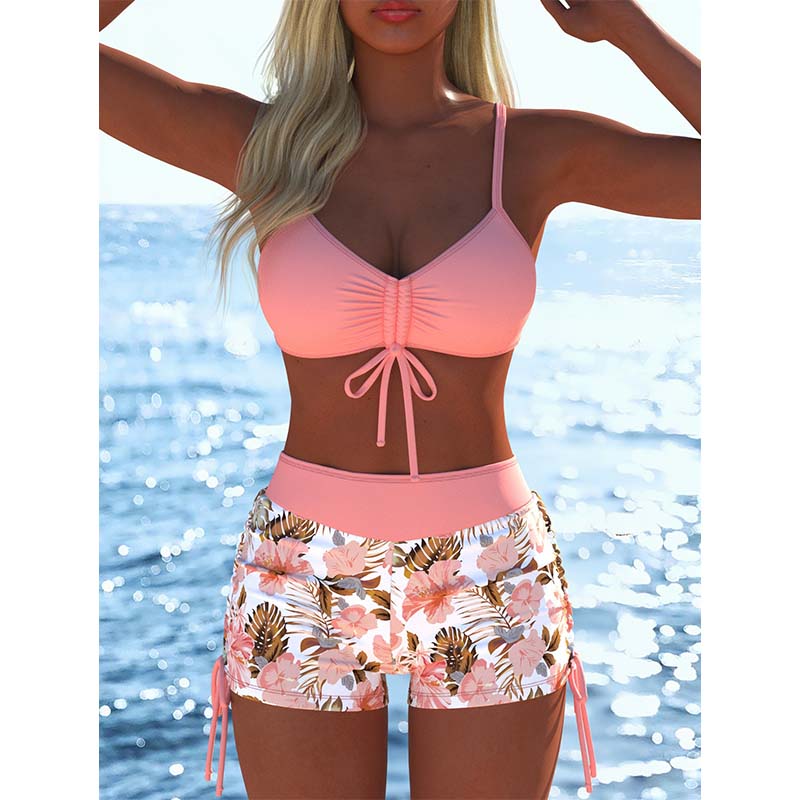 Women's Bikini Set - Adjustable Drawstring Top & Boxer Shorts, Stretch Fabric, Vibrant Patterns, Perfect for the Beach & Swimming