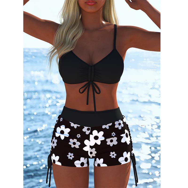 Women's Bikini Set - Adjustable Drawstring Top & Boxer Shorts, Stretch Fabric, Vibrant Patterns, Perfect for the Beach & Swimming