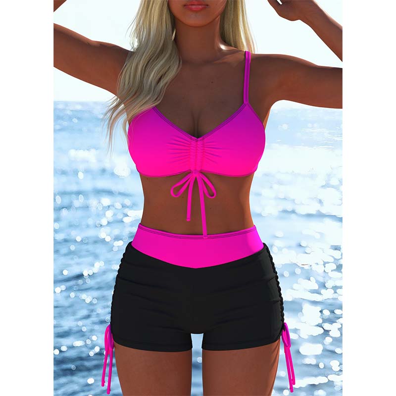 Women's Bikini Set - Adjustable Drawstring Top & Boxer Shorts, Stretch Fabric, Vibrant Patterns, Perfect for the Beach & Swimming