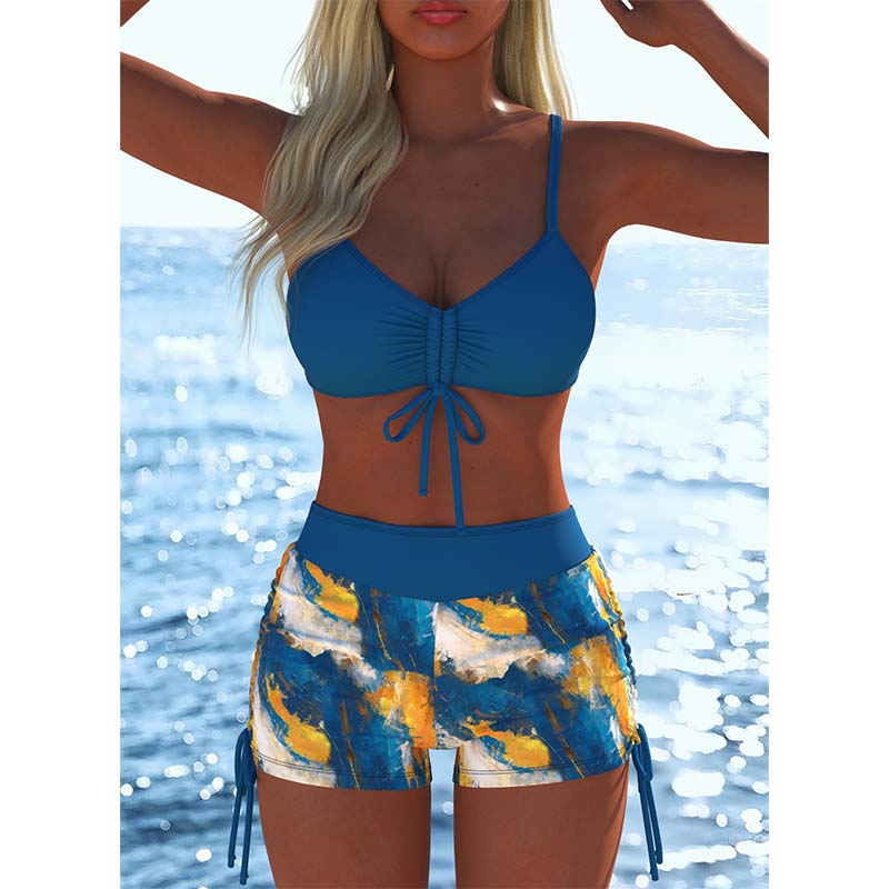 Women's Bikini Set - Adjustable Drawstring Top & Boxer Shorts, Stretch Fabric, Vibrant Patterns, Perfect for the Beach & Swimming