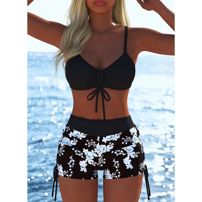 Women's Bikini Set - Adjustable Drawstring Top & Boxer Shorts, Stretch Fabric, Vibrant Patterns, Perfect for the Beach & Swimming