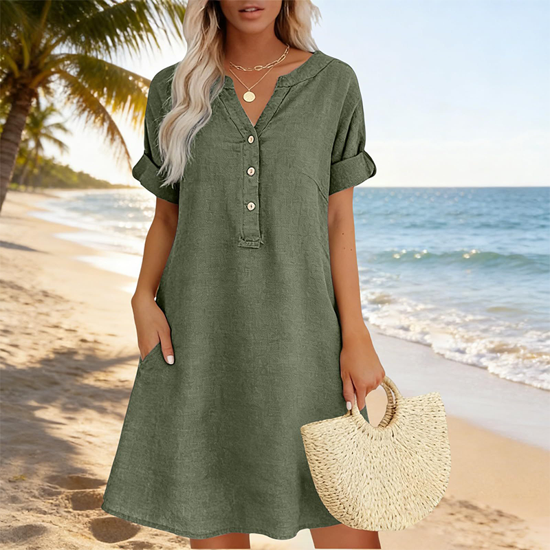 OFFRE LIMITÉE 50 % DE RÉDUCTION Robe Tunique Indispensable Col V avec Poches Mélange de coton doux, facile d'entretien, poches des deux côtés. Un basique de garde-robe pour le printemps, l'été et la superposition en automne.