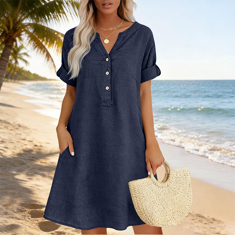 OFFRE LIMITÉE 50 % DE RÉDUCTION Robe Tunique Indispensable Col V avec Poches Mélange de coton doux, facile d'entretien, poches des deux côtés. Un basique de garde-robe pour le printemps, l'été et la superposition en automne.